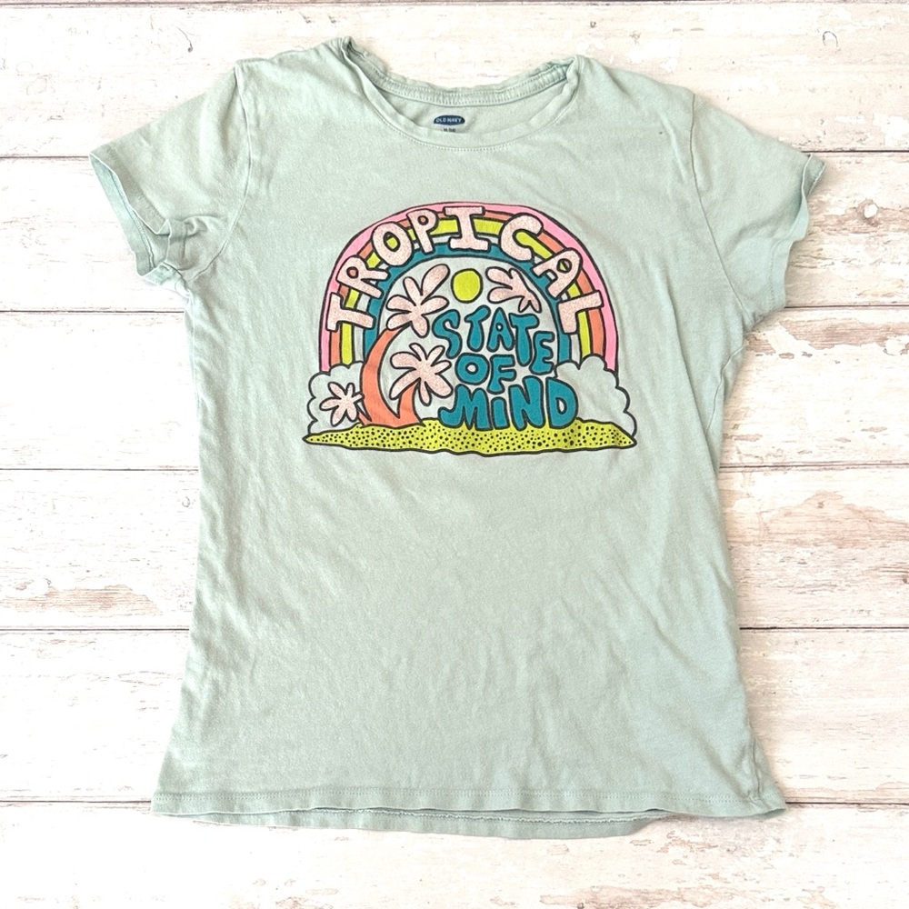 Old Navy Size 14 Girls Teal Short Sleeve Shirt Tropical State of Mind Rainbow